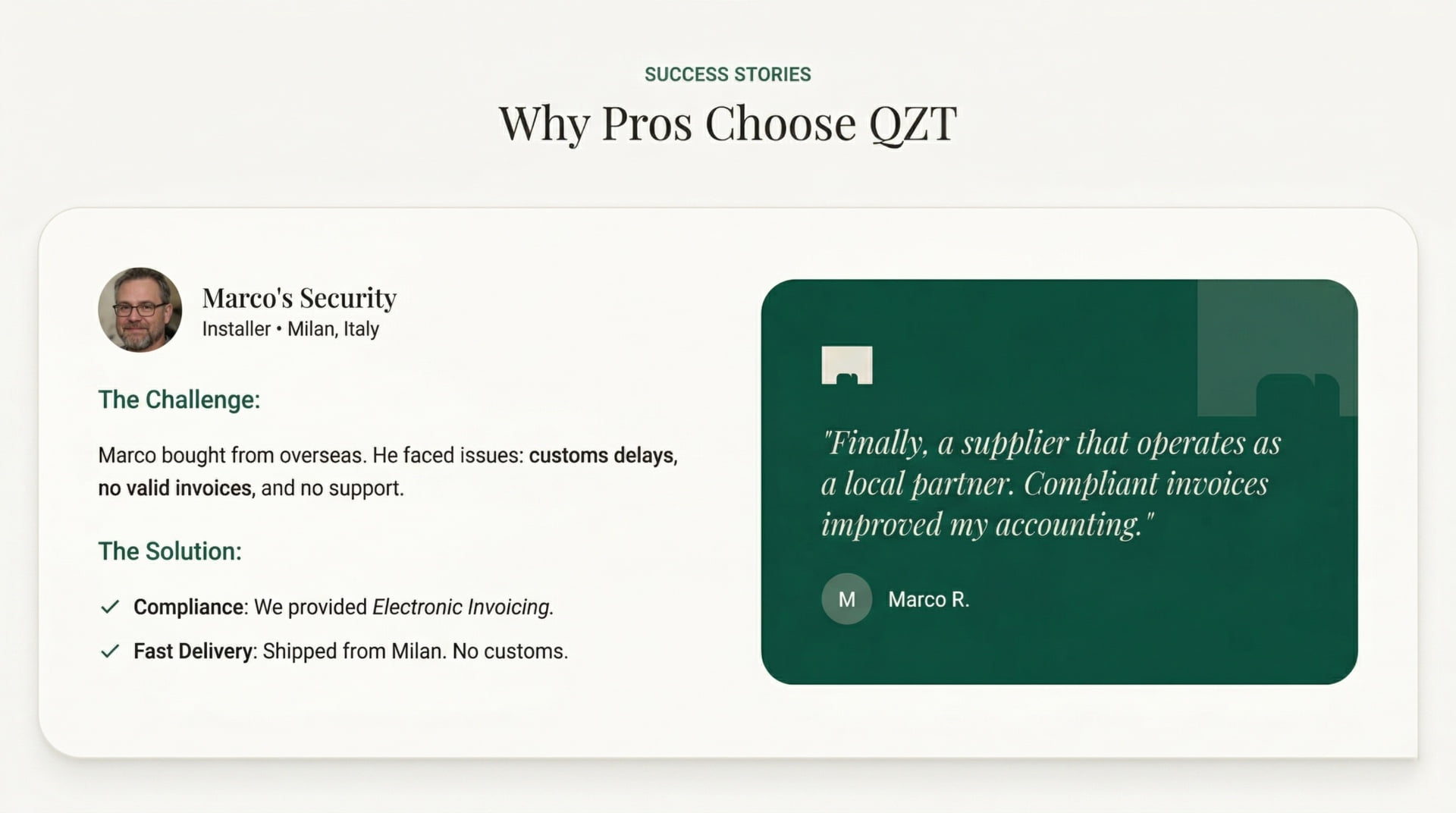 QZT success story Italy Milan local partner