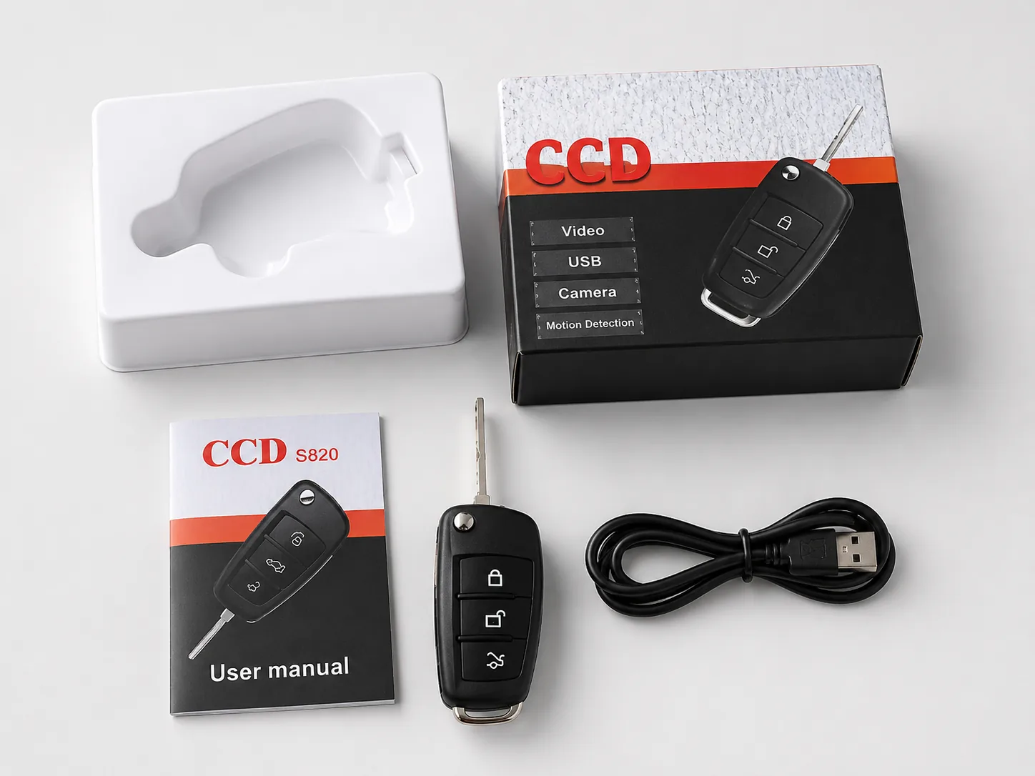QZT S820 car key spy camera package with USB cable and user manual