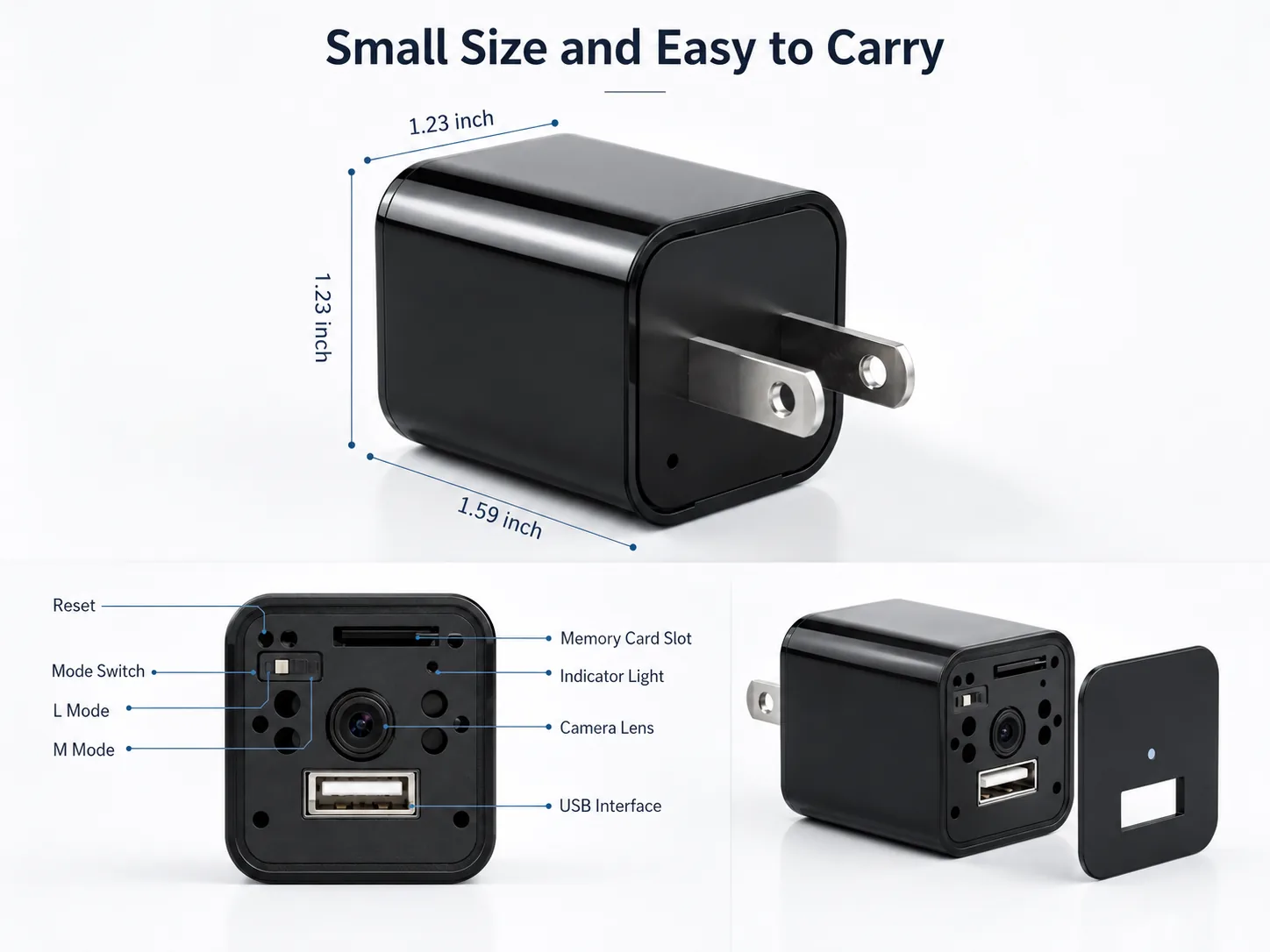 QZT USB charger hidden camera feature layout with lens motion switch and MicroSD slot