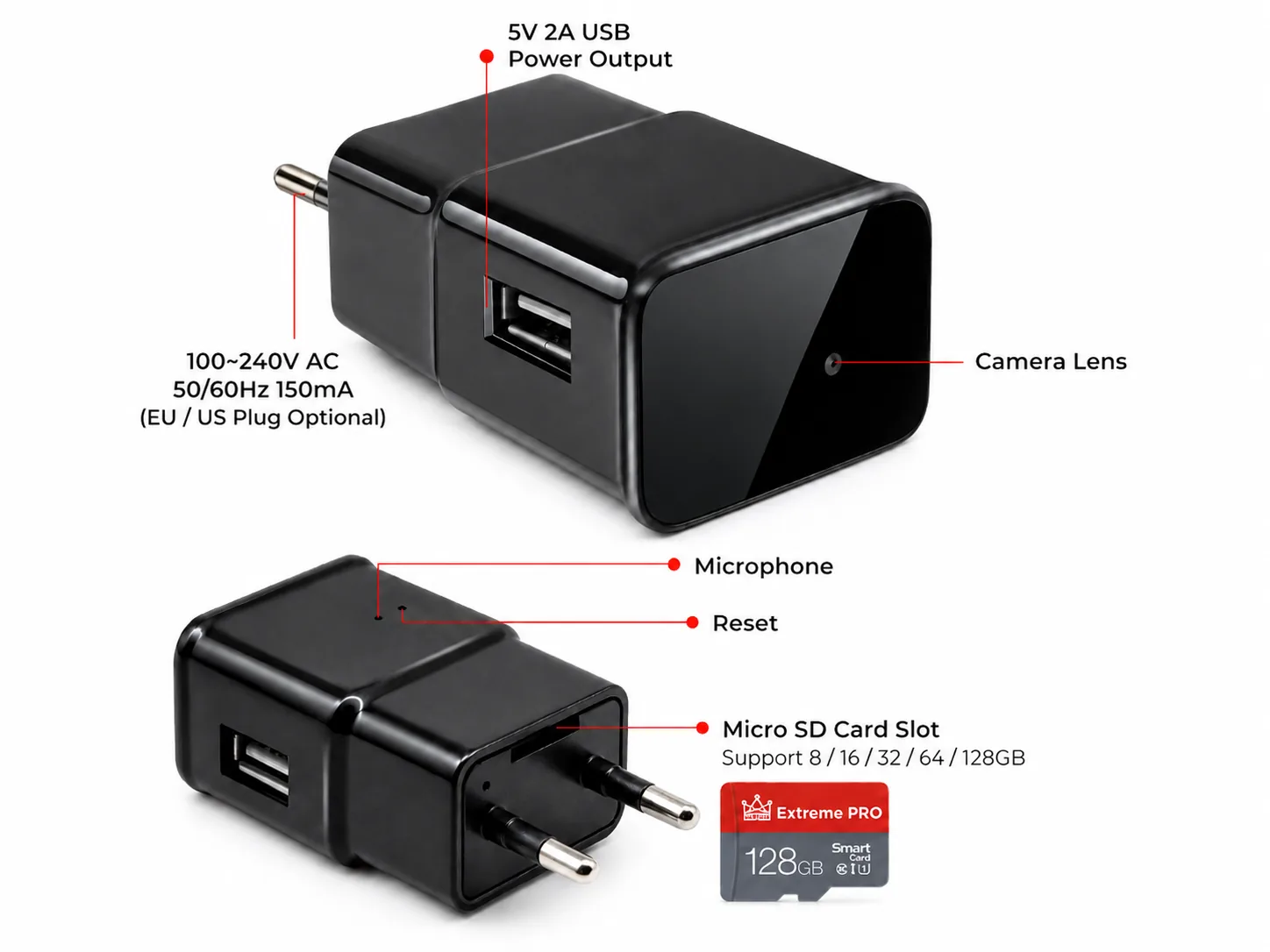 QZT WiFi USB charger hidden camera feature layout with lens microphone reset and MicroSD slot