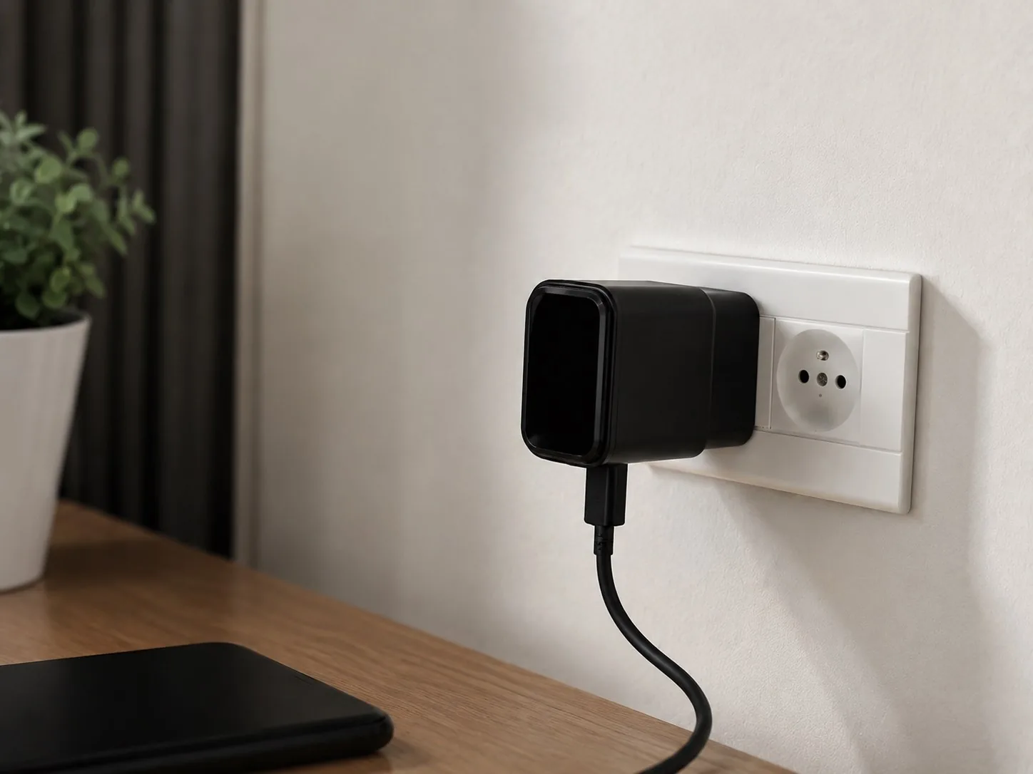 QZT WiFi USB charger hidden camera plugged into a room power outlet while charging a phone