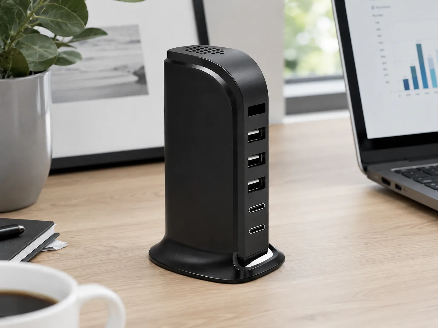 QZT WiFi USB charger camera placed on an office desk beside a laptop