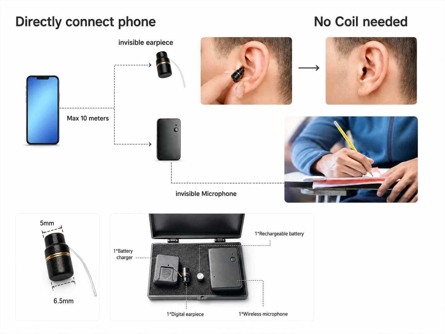 QZT Bluetooth earpiece kit with external microphone setup and 10 metre range note