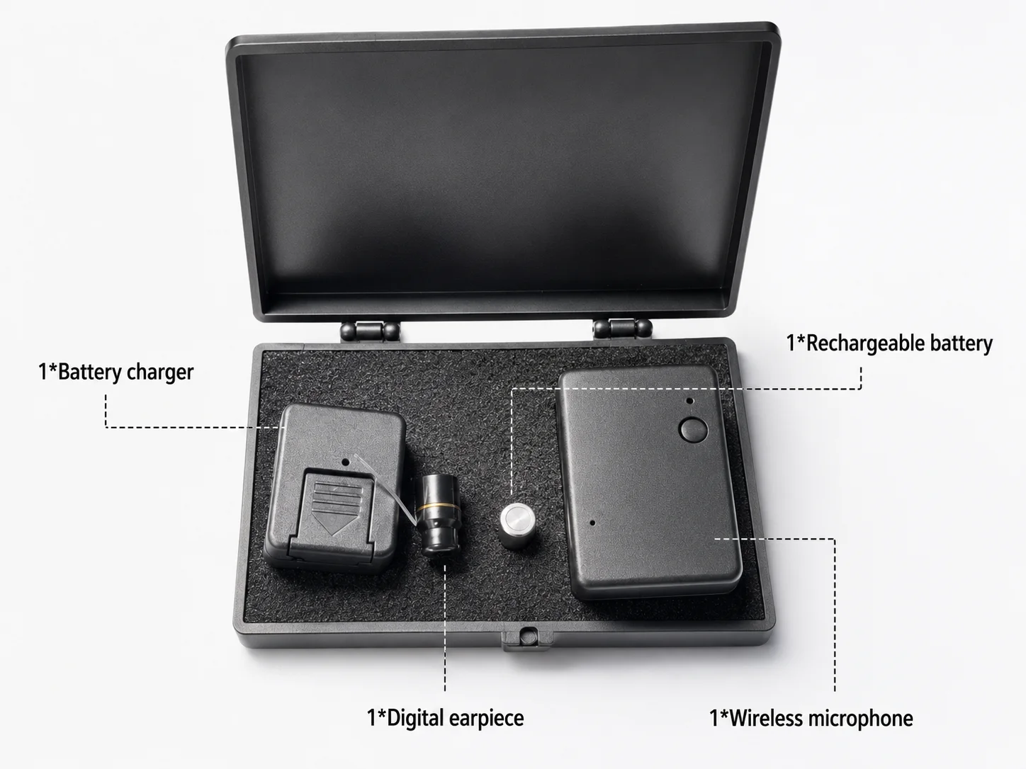 QZT micro Bluetooth earpiece kit package contents with earpiece battery charger and external microphone