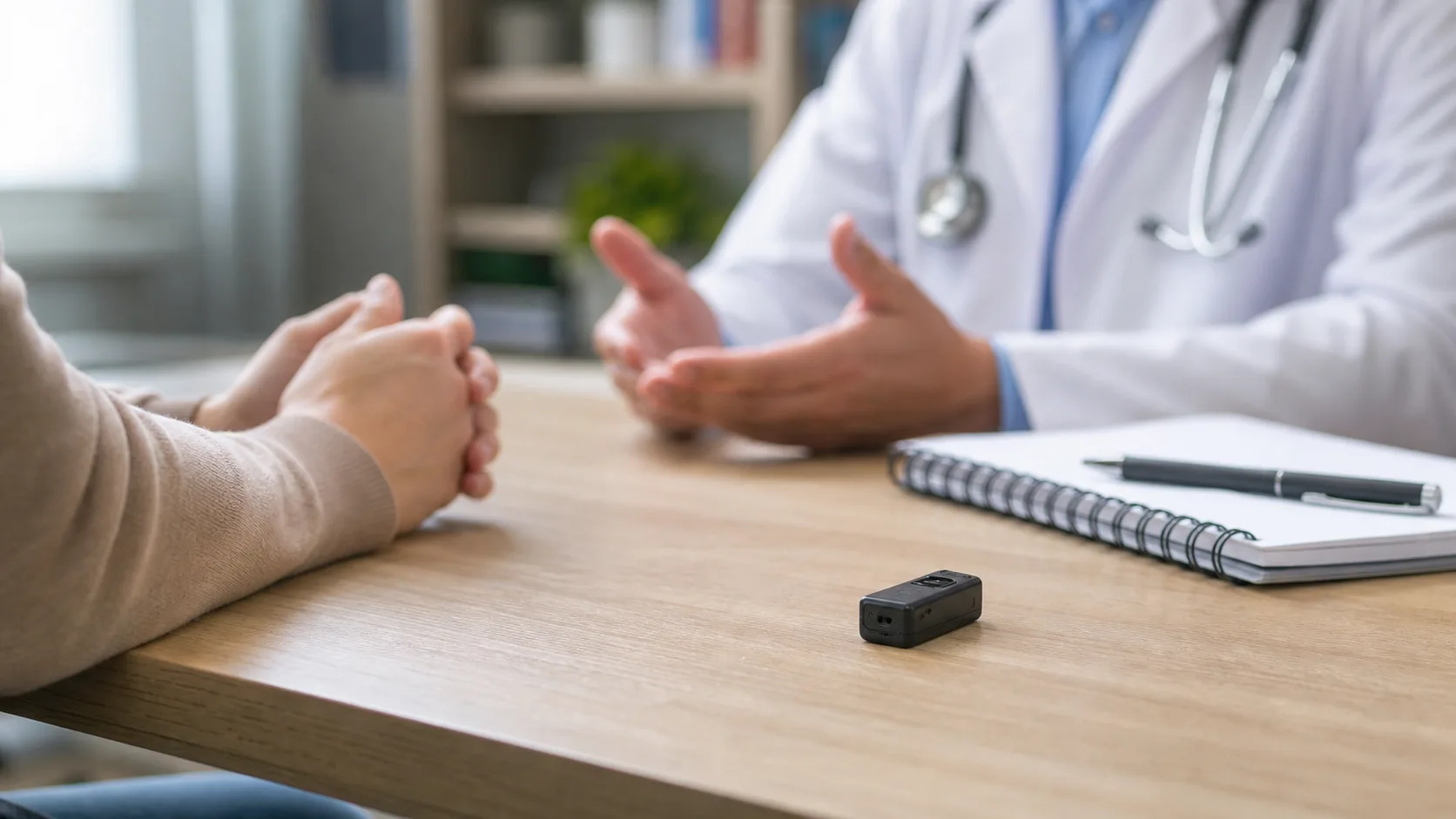 Mini Voice Recorder During a Medical Appointment Mini voice recorder placed visibly during a medical appointment