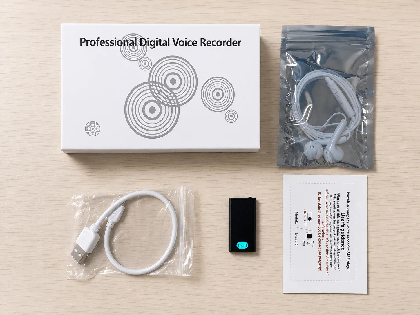 QZT Q1 mini voice recorder package with earphones USB cable manual and box