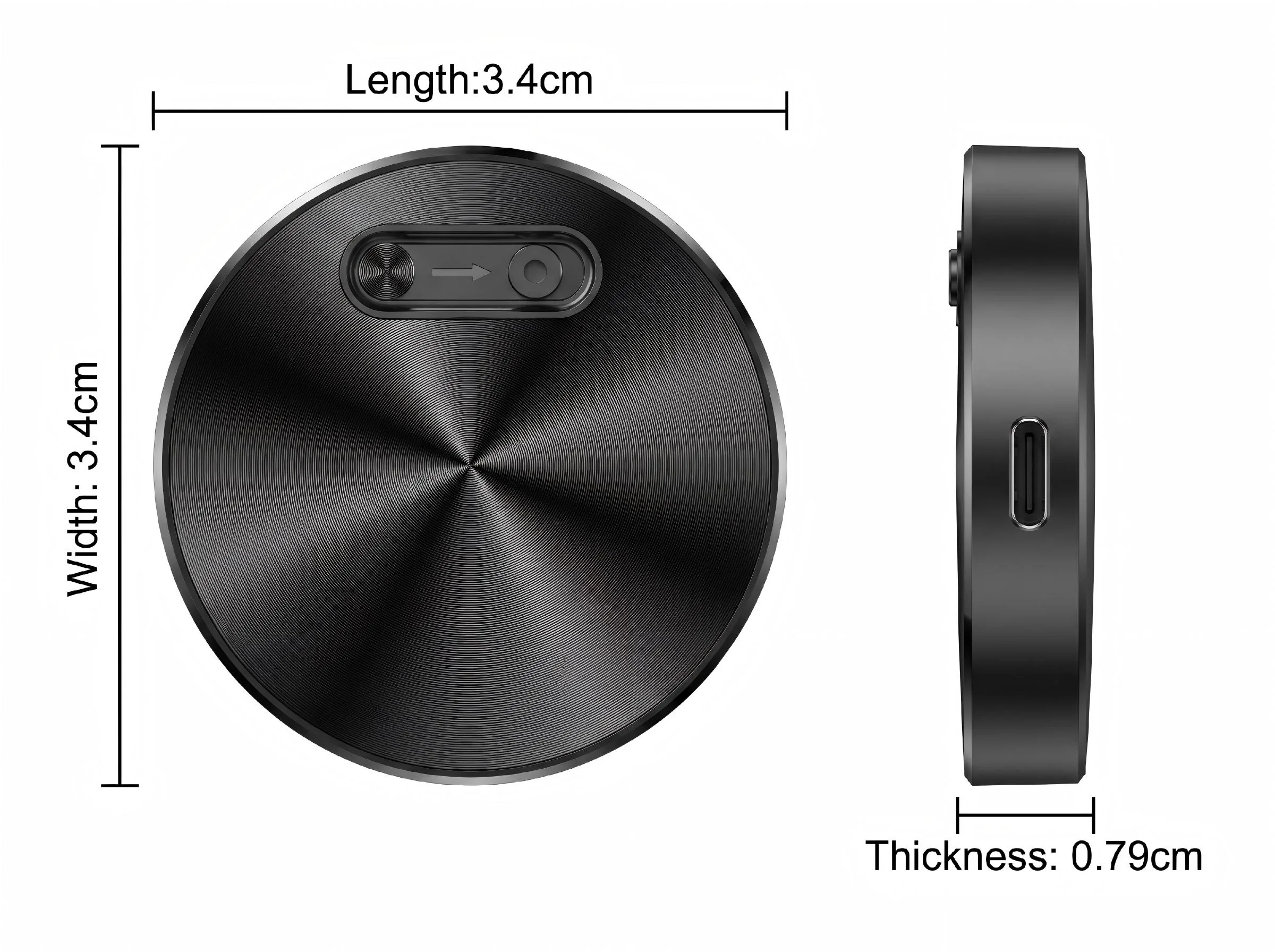 QZT Q37 mini voice recorder 34 by 34 by 7.9 millimetre size diagram