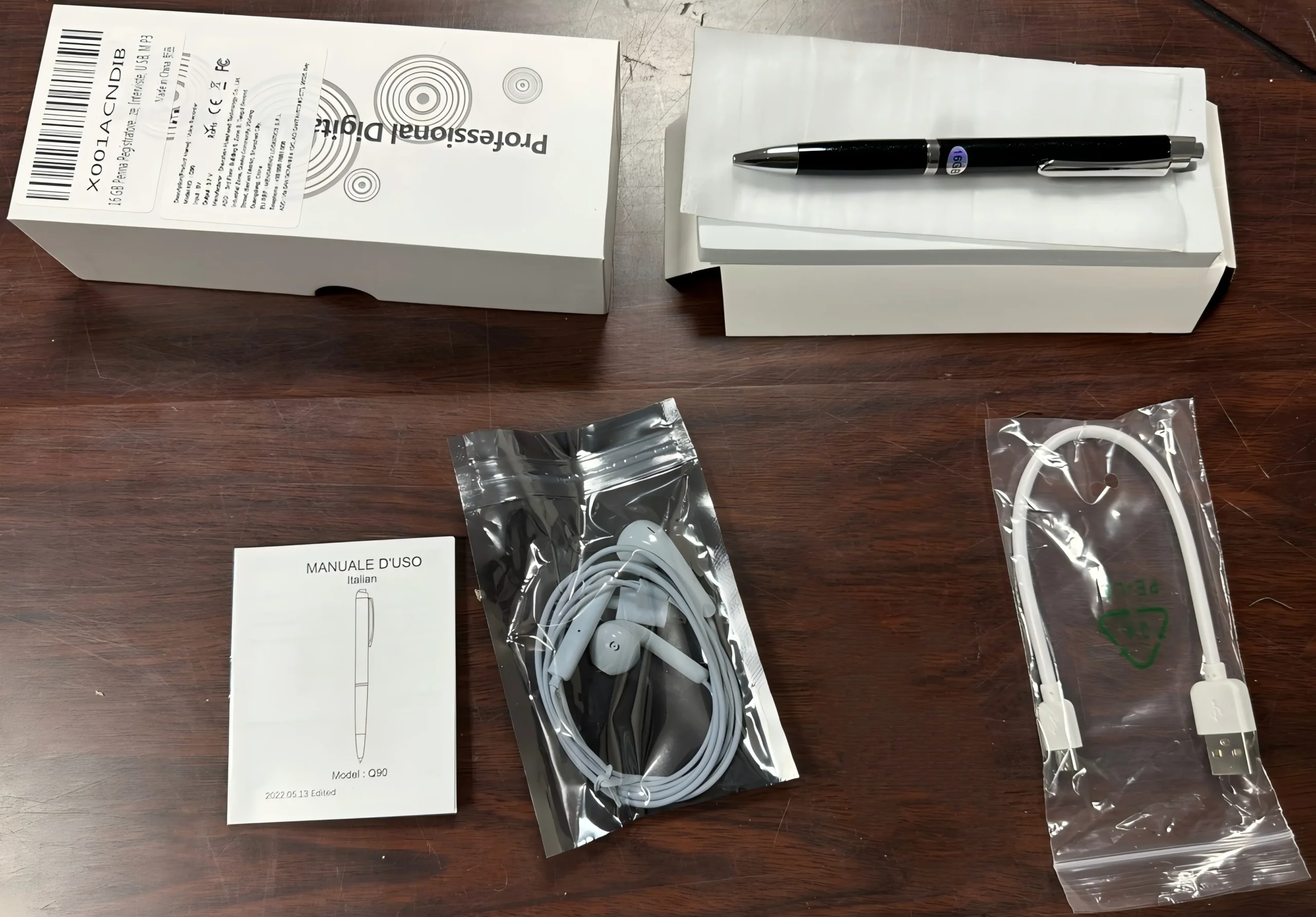 QZT Q90 voice recorder pen package with earphones USB cable and manual