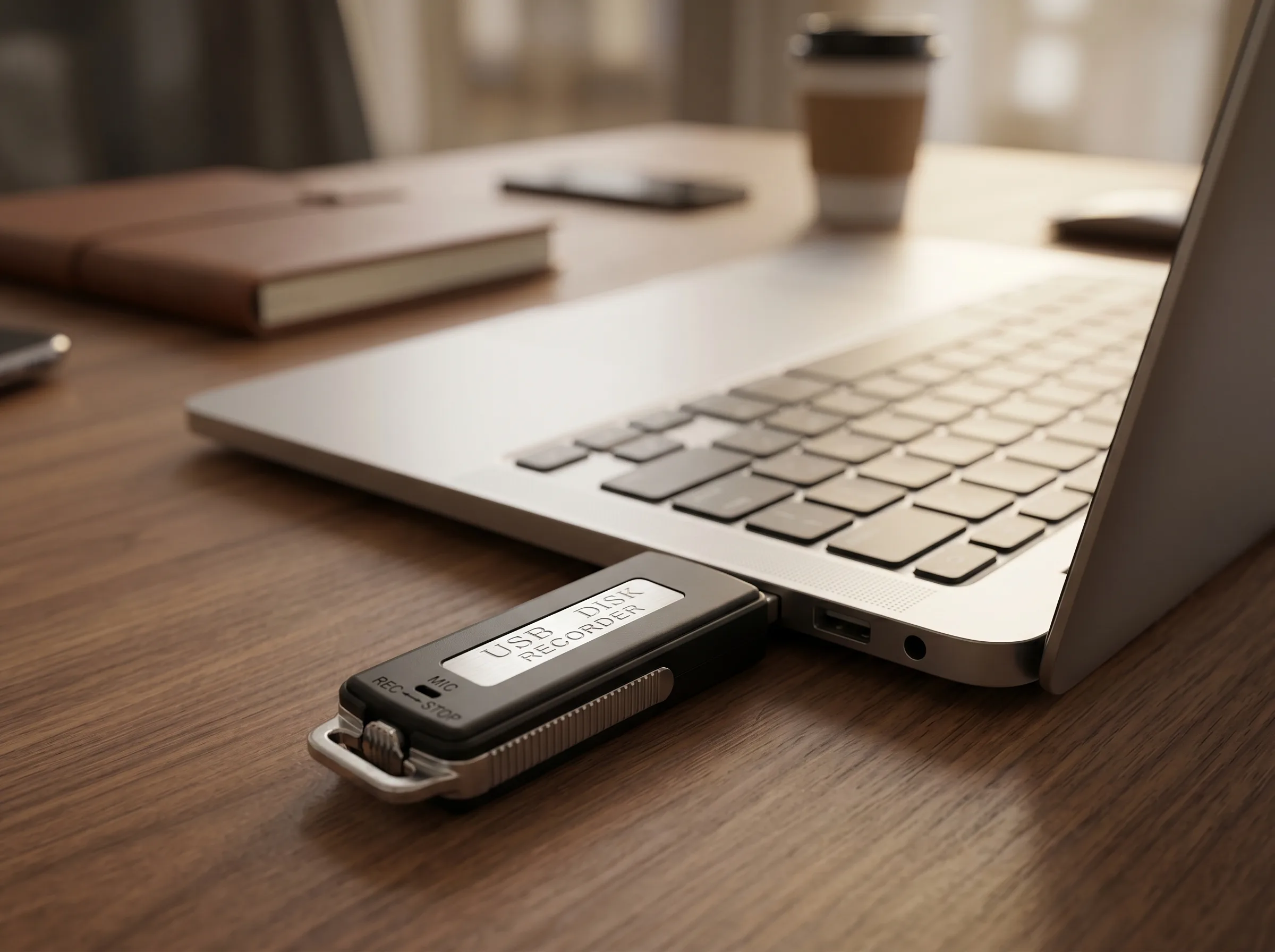QZT QFRR003 USB voice recorder used for office audio notes and file transfer