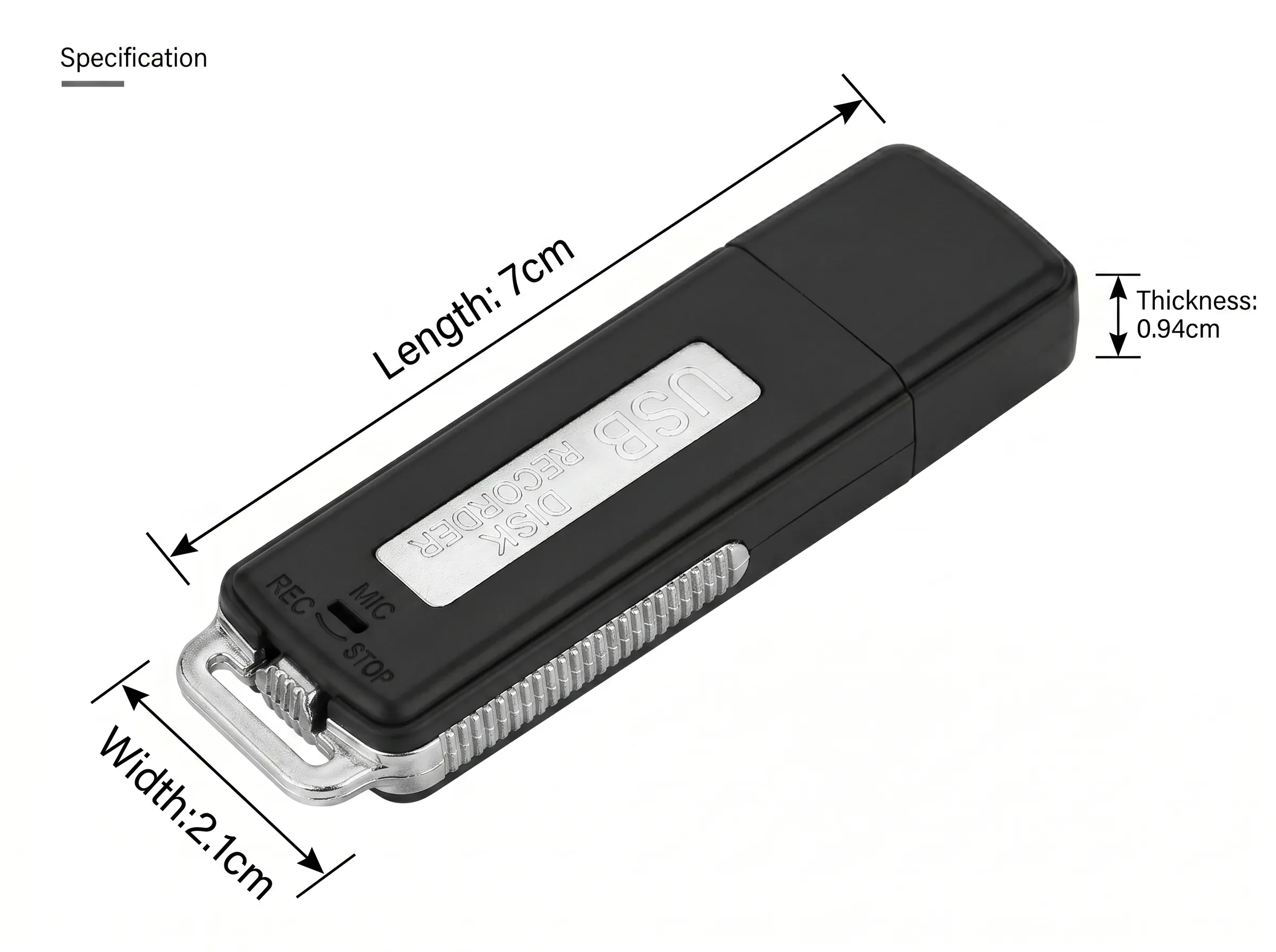 QZT QFRR003 USB voice recorder 70 by 21 by 9.4 millimetre size diagram