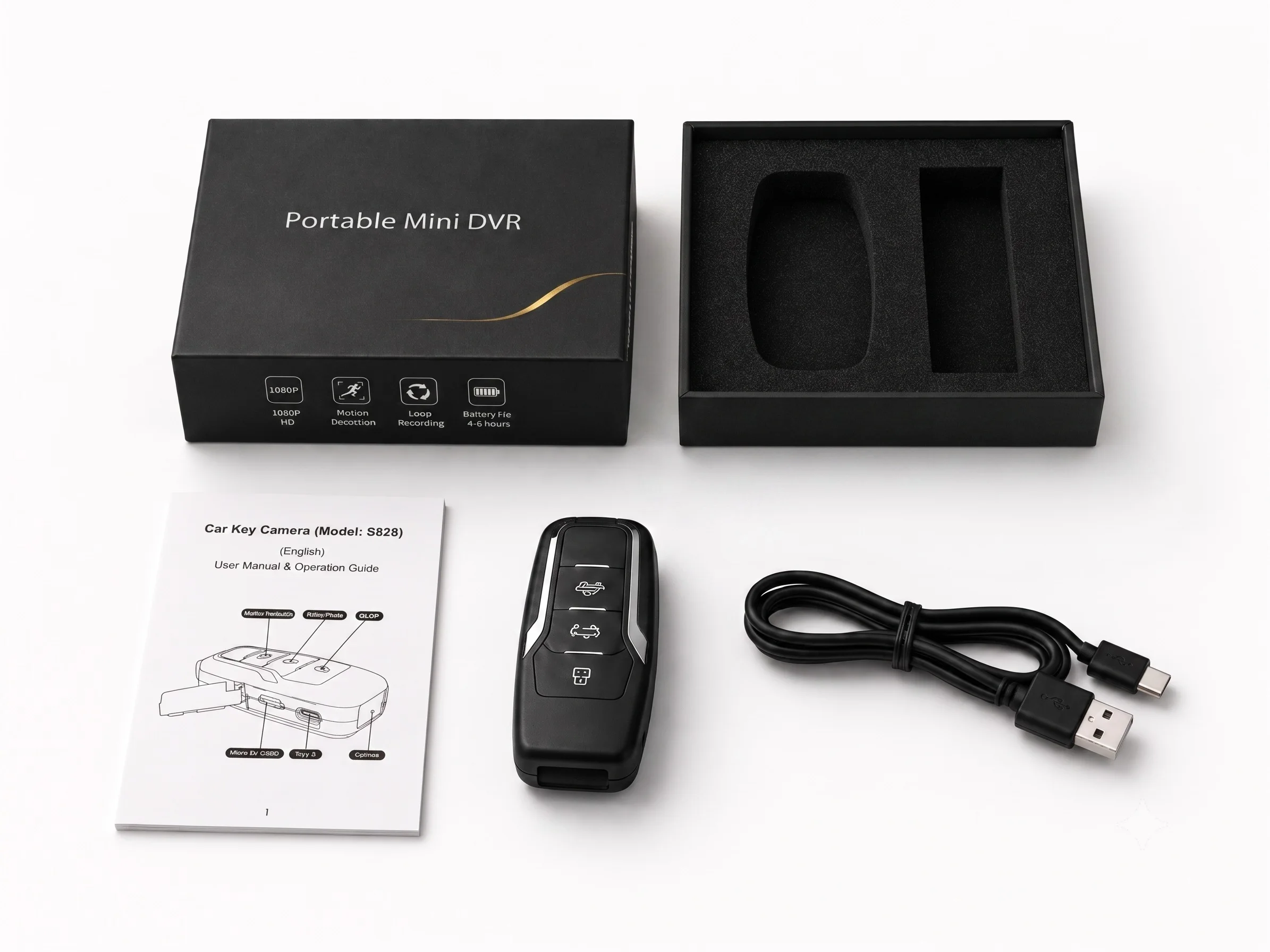 QZT S825 car key spy camera package with box manual camera and Type-C cable
