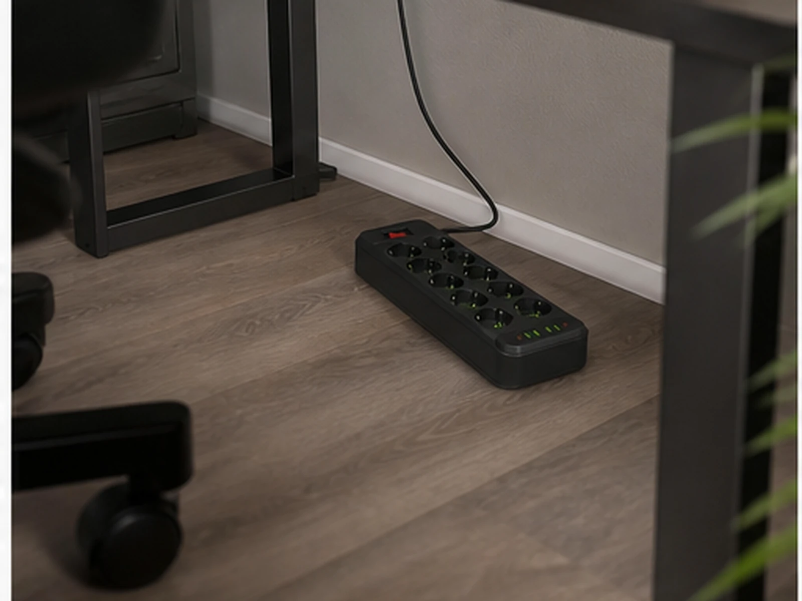Tuya Black EU Power Strip Hidden Camera placed in a realistic indoor setting