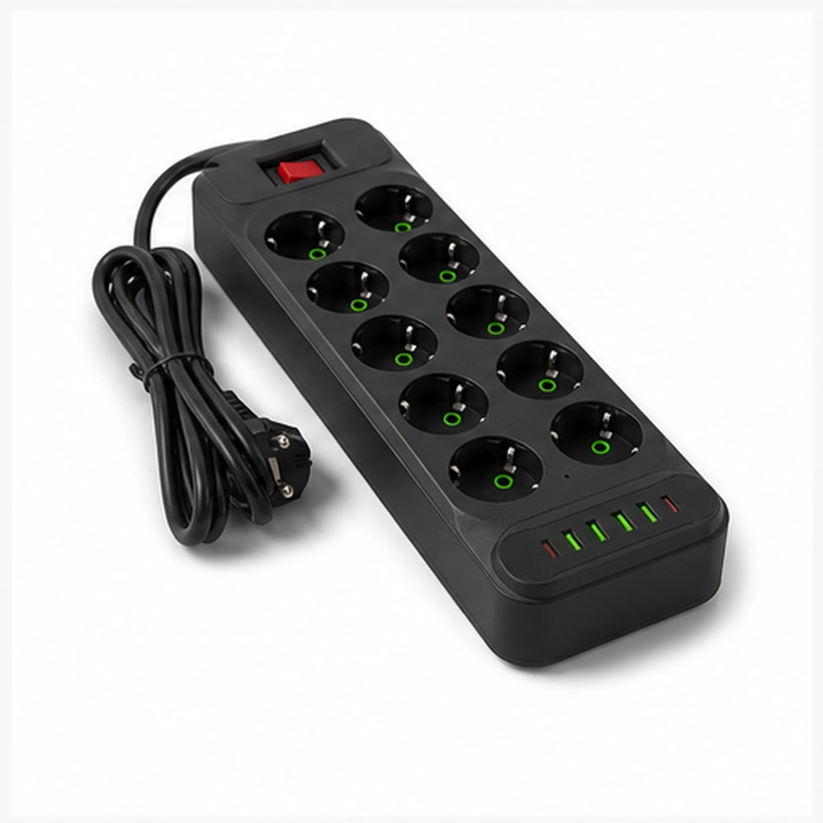 Tuya Black EU Power Strip Hidden Camera angled side view on white background