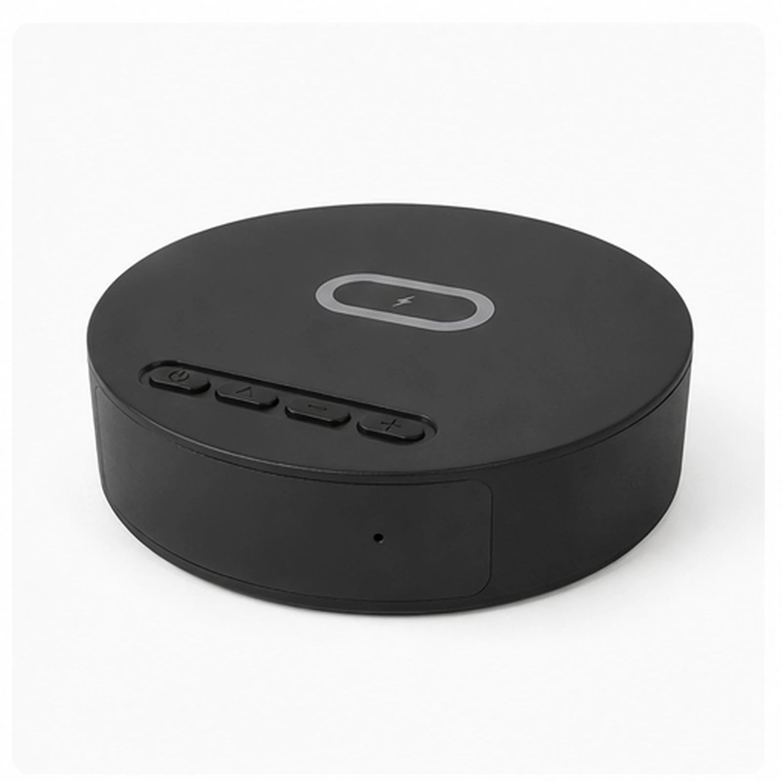 Tuya Round Desk Box Hidden Camera angled side view on white background