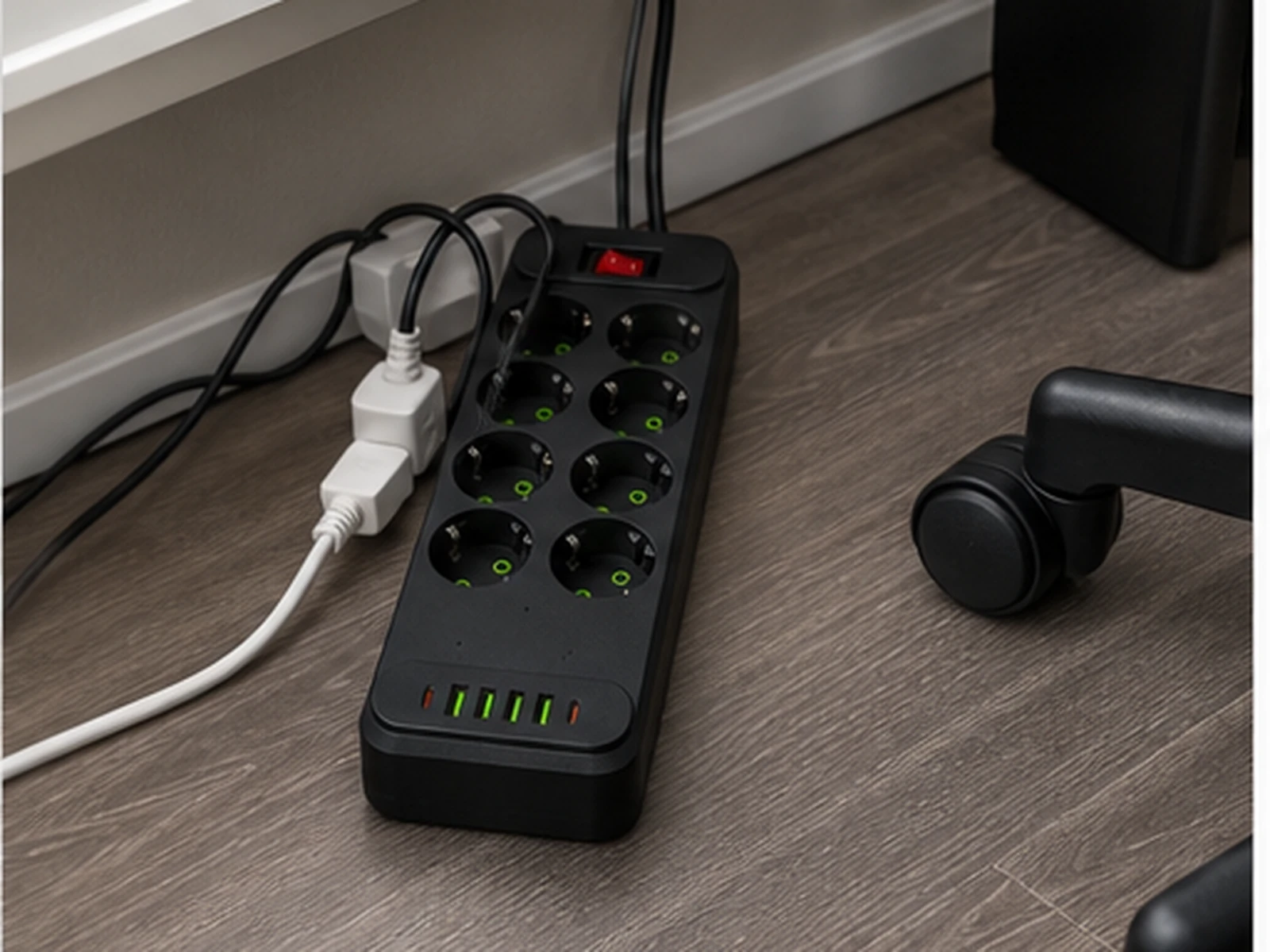 Tuya Black Multi-Socket Power Strip Hidden Camera placed in a realistic indoor setting