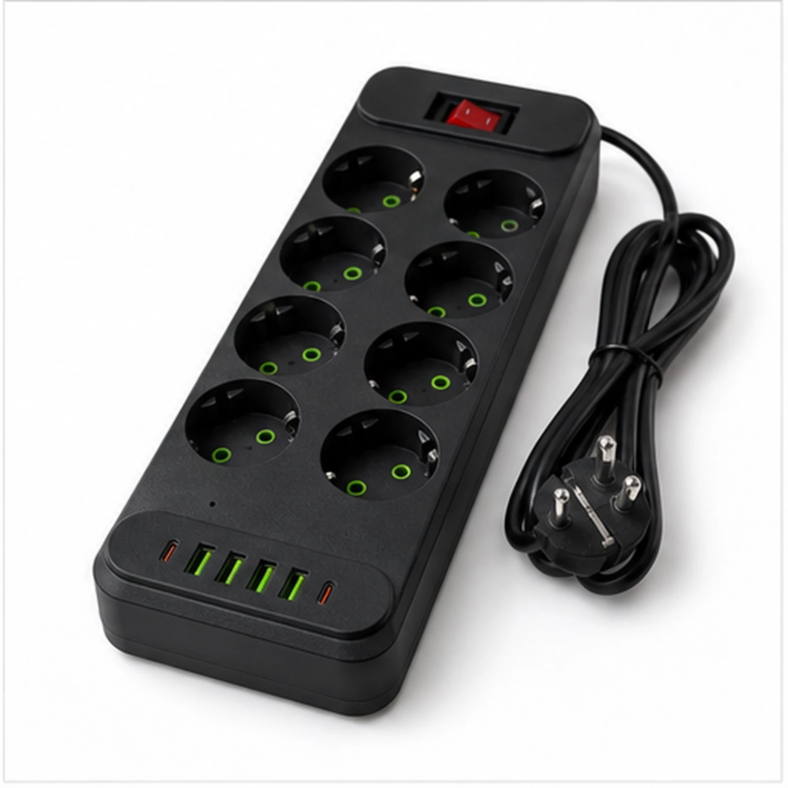 Tuya Black Multi-Socket Power Strip Hidden Camera angled side view on white background