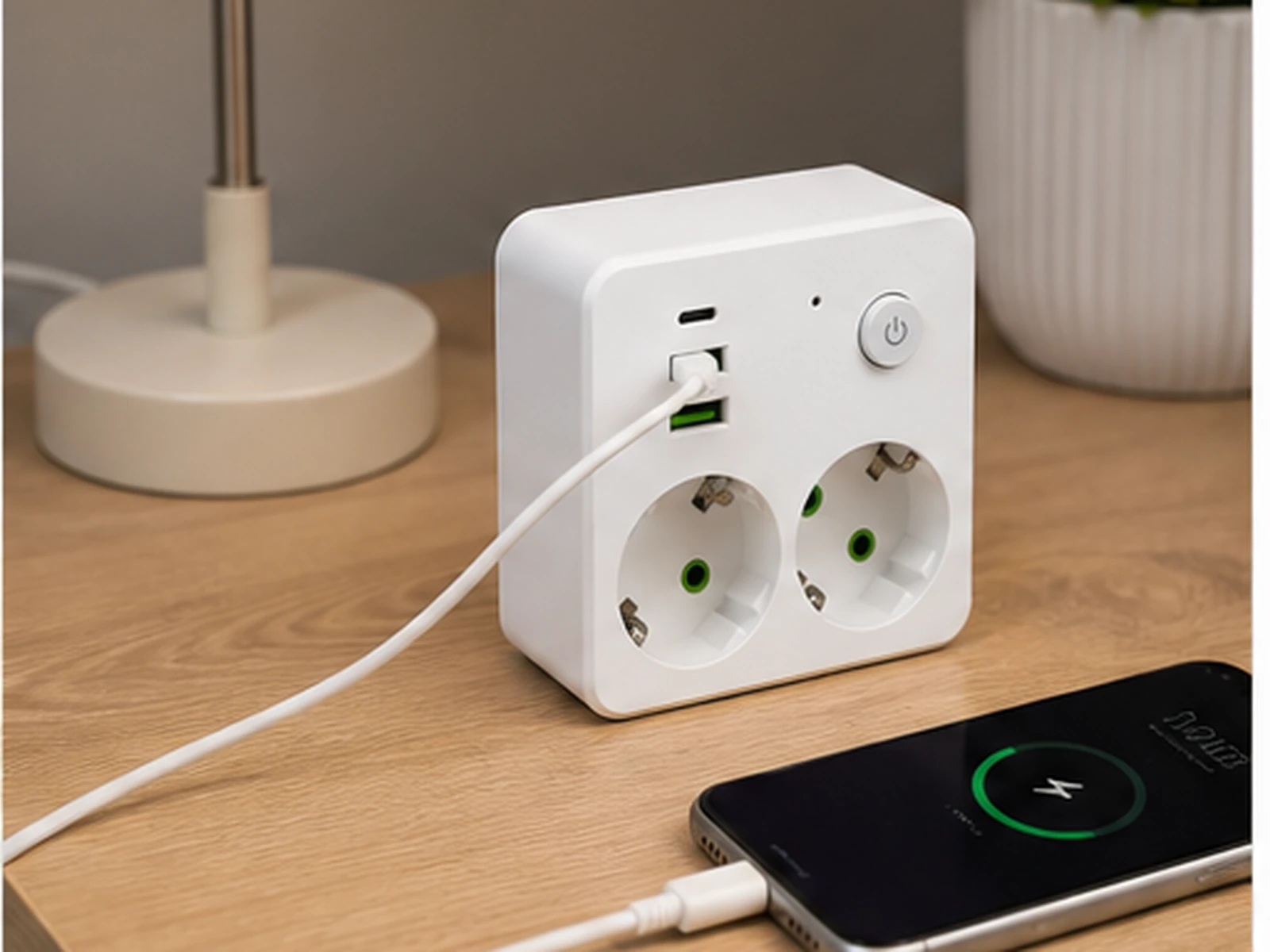 Tuya White Dual Socket Hidden Camera placed in a realistic indoor setting
