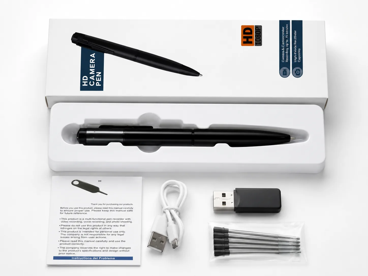 QZT W10 spy pen camera accessory kit with box cable refills card reader and manual