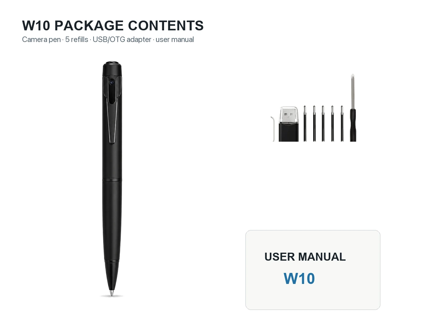 QZT W10 spy pen camera package contents with pen refills USB cable OTG adapter and manual