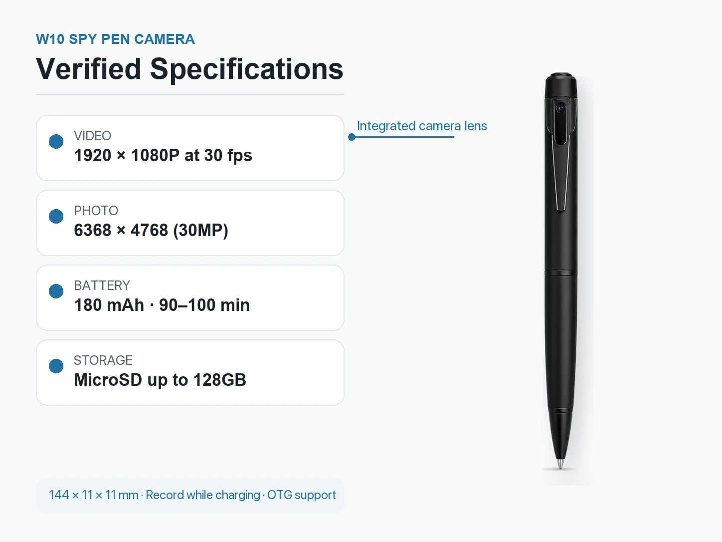 QZT W10 spy pen camera specifications with 1080P video 30MP photo OTG and storage details