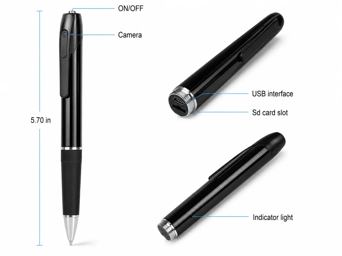 QZT W8 spy pen camera function diagram showing on off camera USB interface SD card slot and indicator light