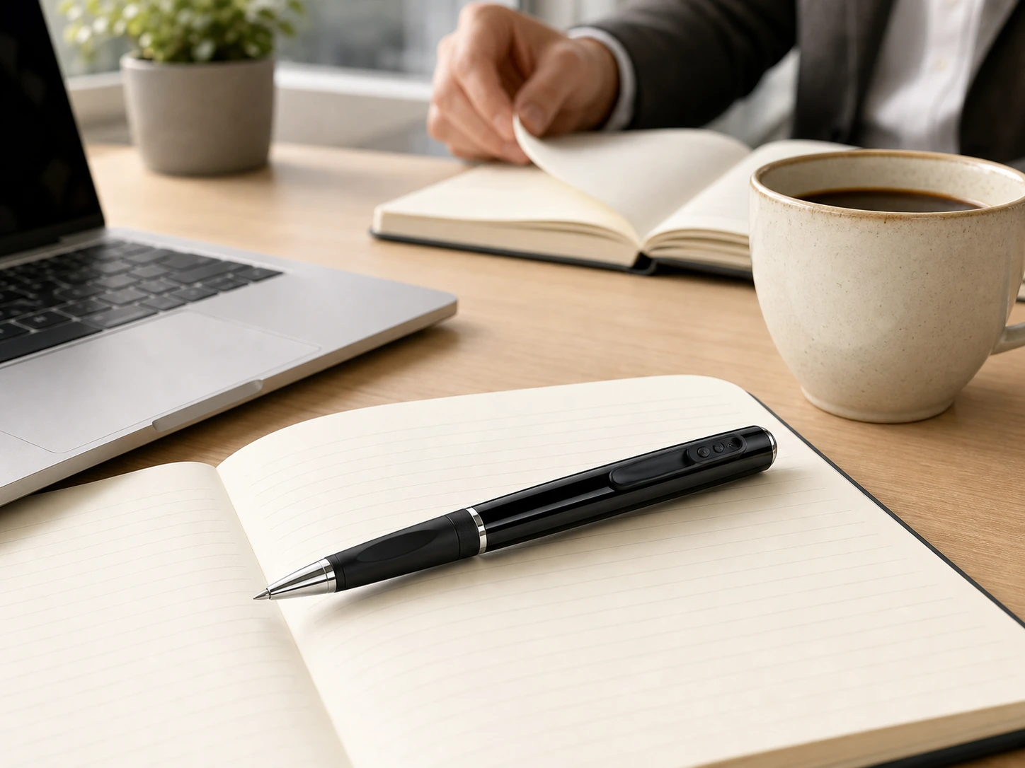 QZT W8 spy pen camera used on a notebook in an office scene