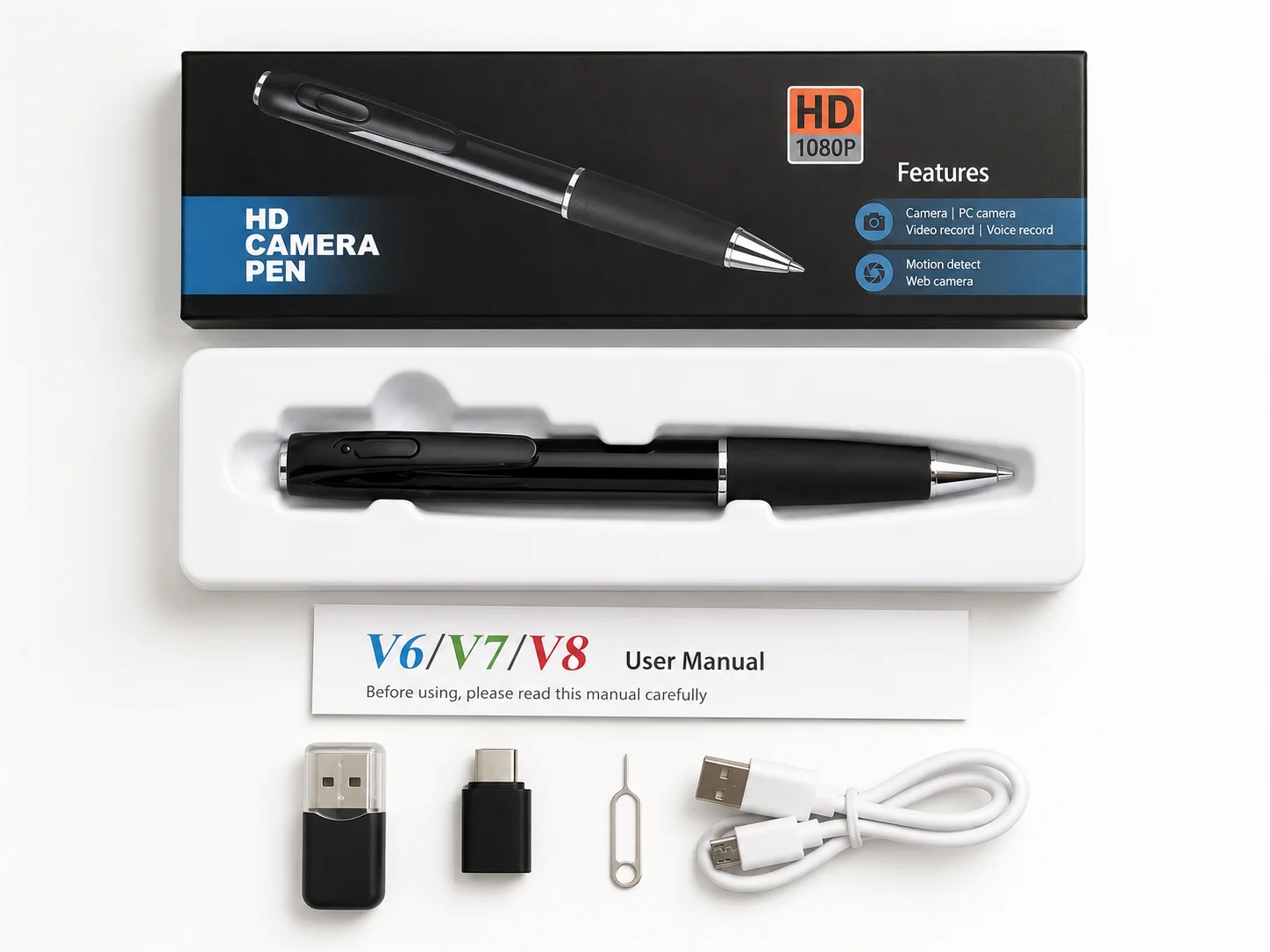 QZT W8 spy pen camera package contents with pen USB cable manual eject pin and card reader