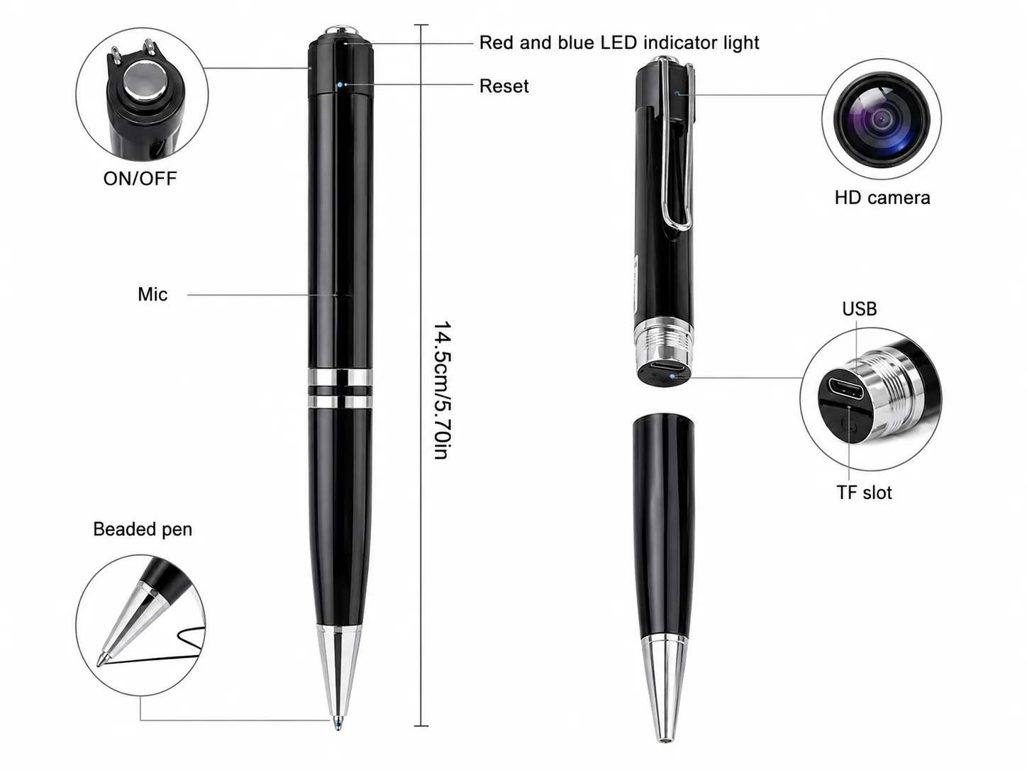 QZT W9 spy pen camera function diagram with ON OFF button microphone reset USB TF slot and HD camera
