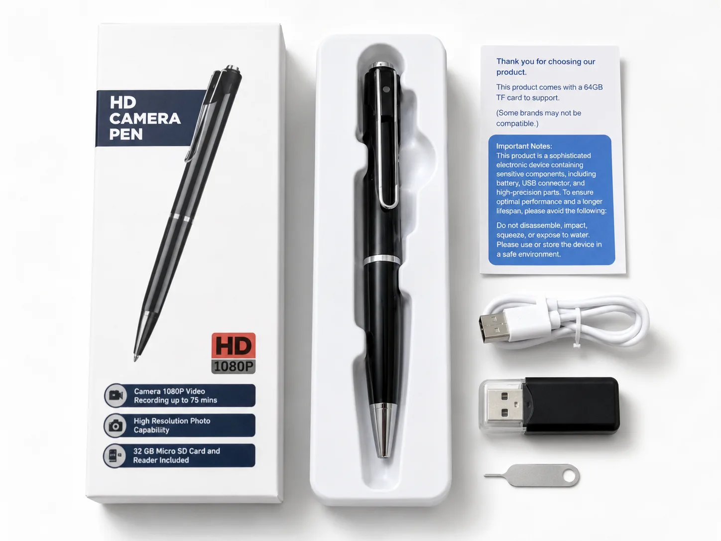 QZT W9 spy pen camera package contents with box cable card reader manual and eject pin
