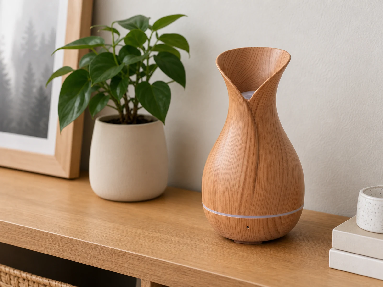 Tuya Wood-Grain Vase Humidifier Hidden Camera placed in an indoor use scene