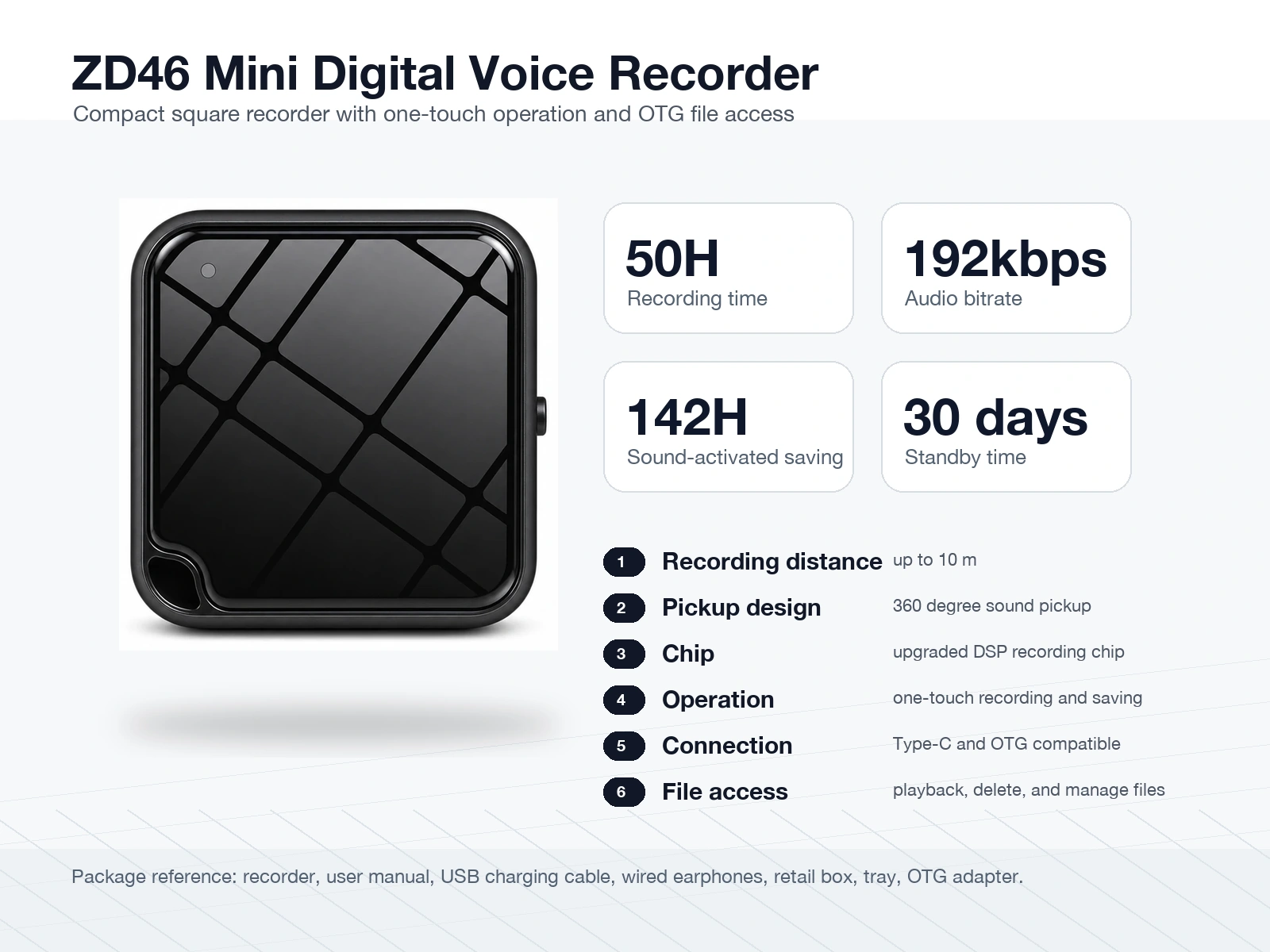 QZT ZD46 mini digital voice recorder specifications 50H 192kbps OTG and DSP
