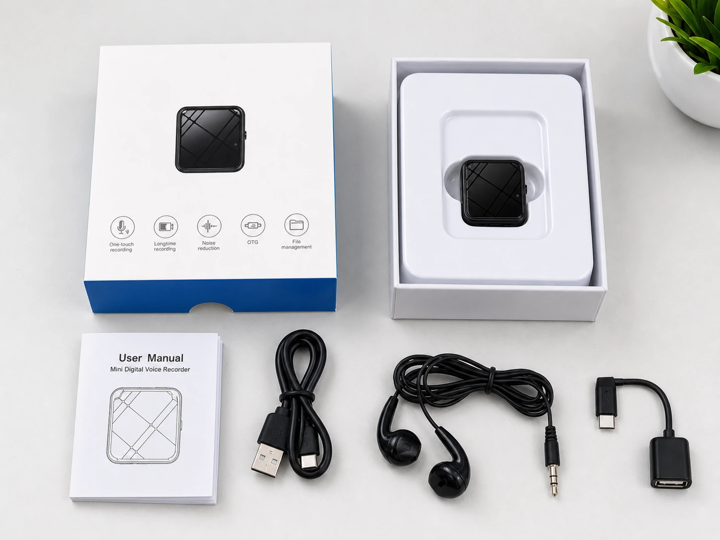 QZT ZD46 mini voice recorder package contents with box USB cable earphones manual and OTG adapter