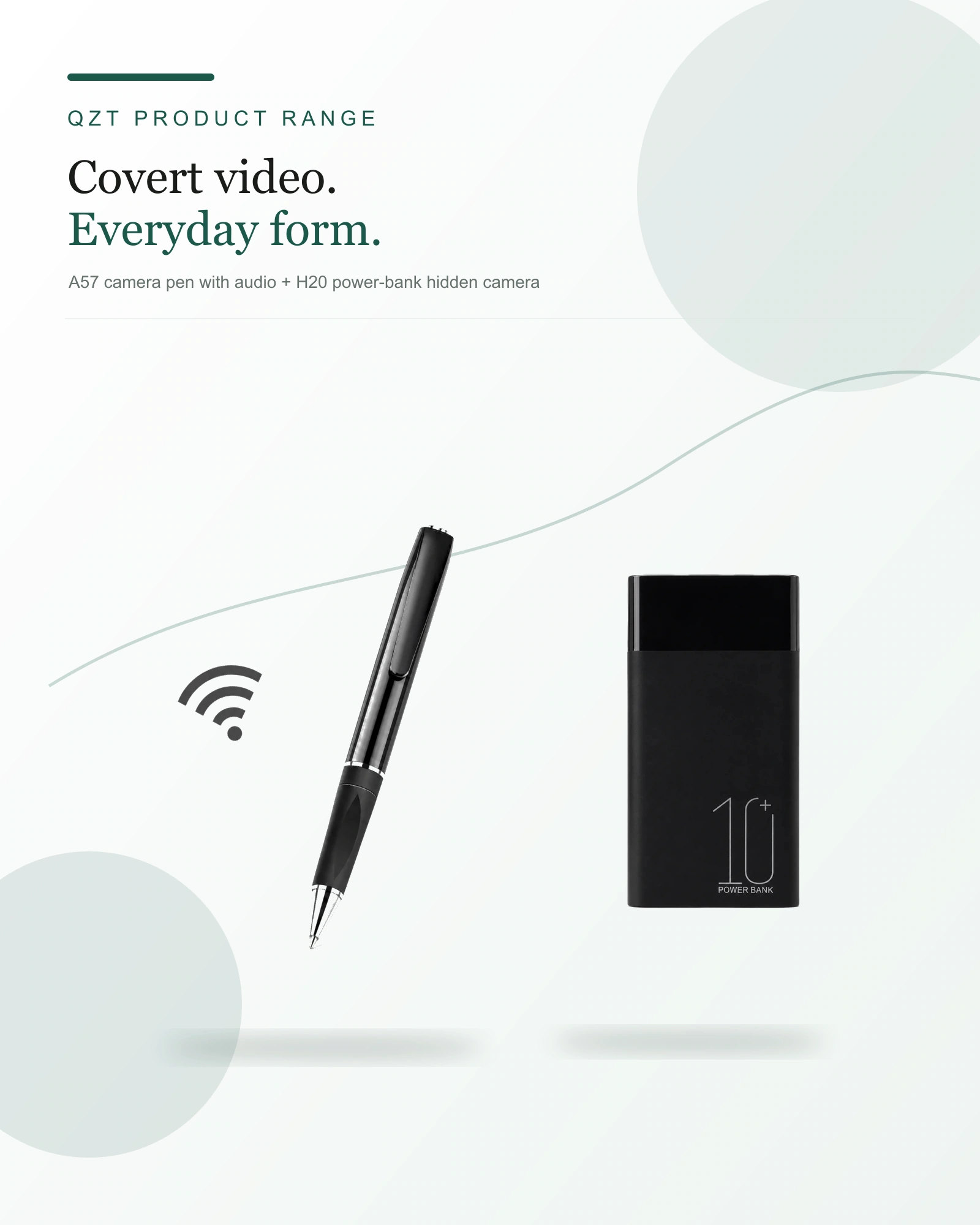 QZT hidden camera and voice recorder product combination on a white deep-green Nordic layout