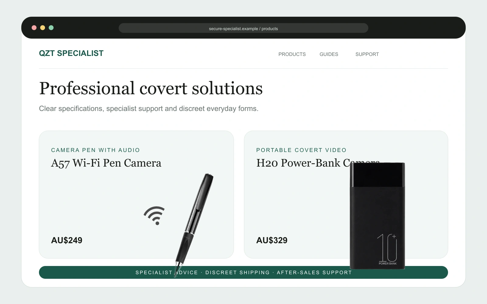 Specialist hidden camera storefront interface mockup
