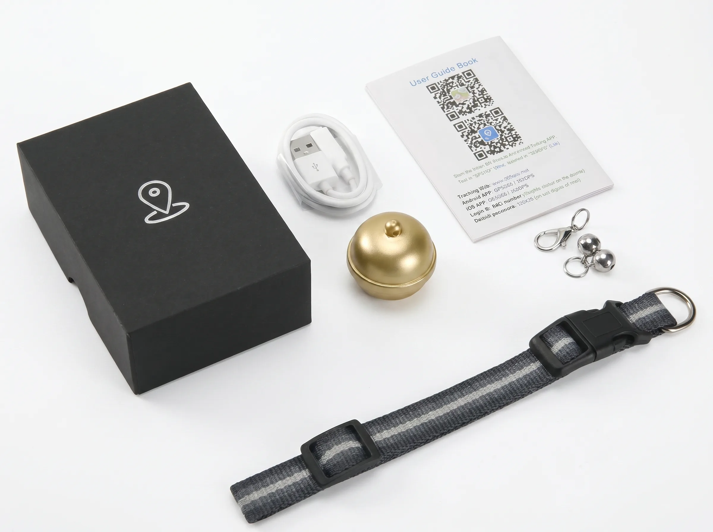 G15 Bell Keychain GPS Tracker package and accessories