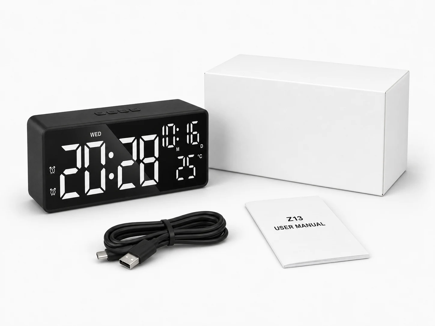 Z13 4K WiFi Alarm Clock Camera package with Type-C cable and manual