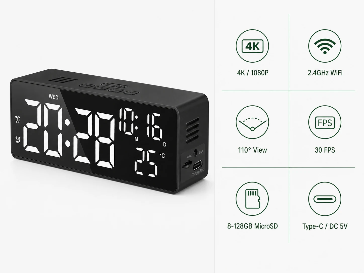 Z13 4K WiFi Alarm Clock Camera technical specifications