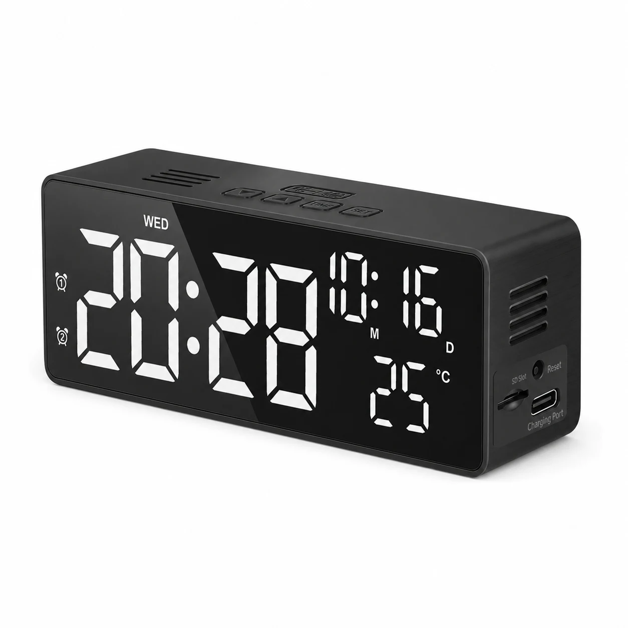 Z13 4K WiFi Alarm Clock Camera side view with Type-C and MicroSD ports
