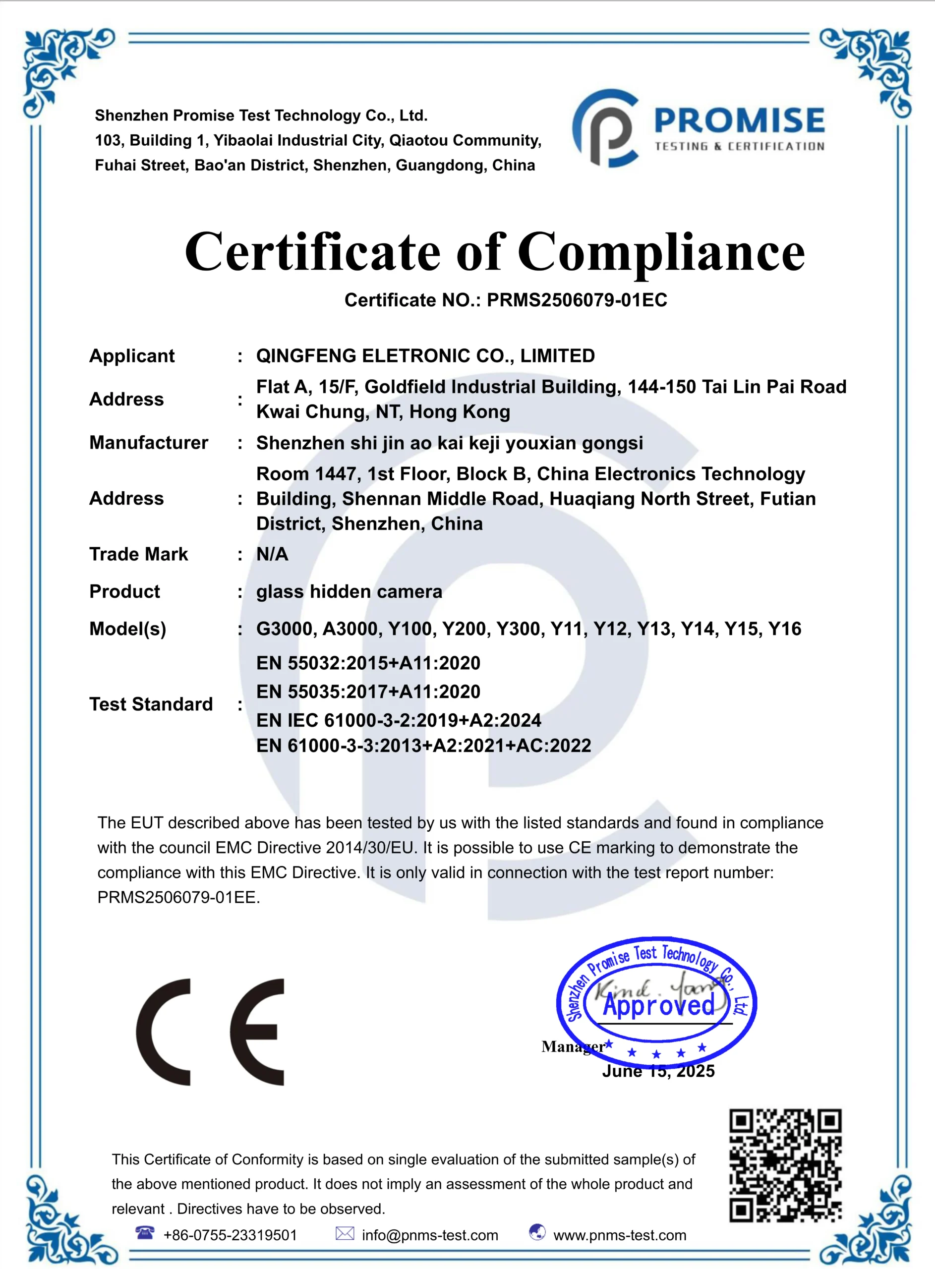 Official CE Certificate of Compliance for G3000 spy camera glasses series