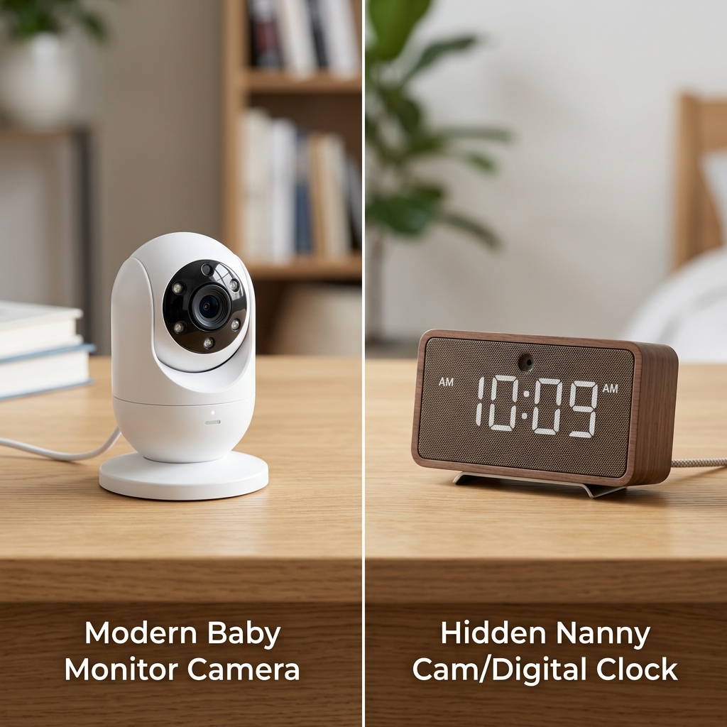 Side by side comparison of visible baby monitor camera and hidden digital clock nanny camera