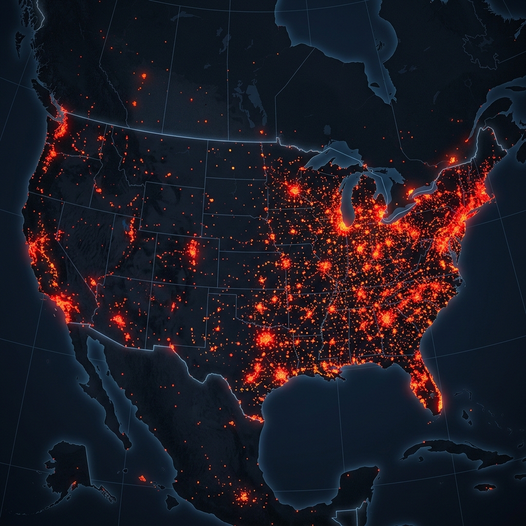 Flock camera map showing 110000 surveillance camera locations plotted across USA