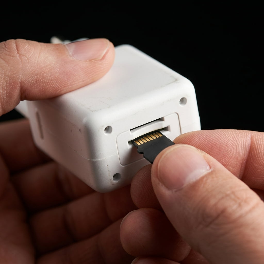 MicroSD card slot detail on a spy camera charger