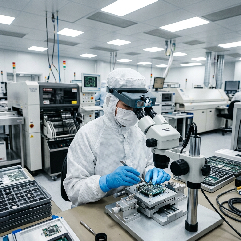 Cleanroom optics workshop in mini camera factory for pinhole lens alignment