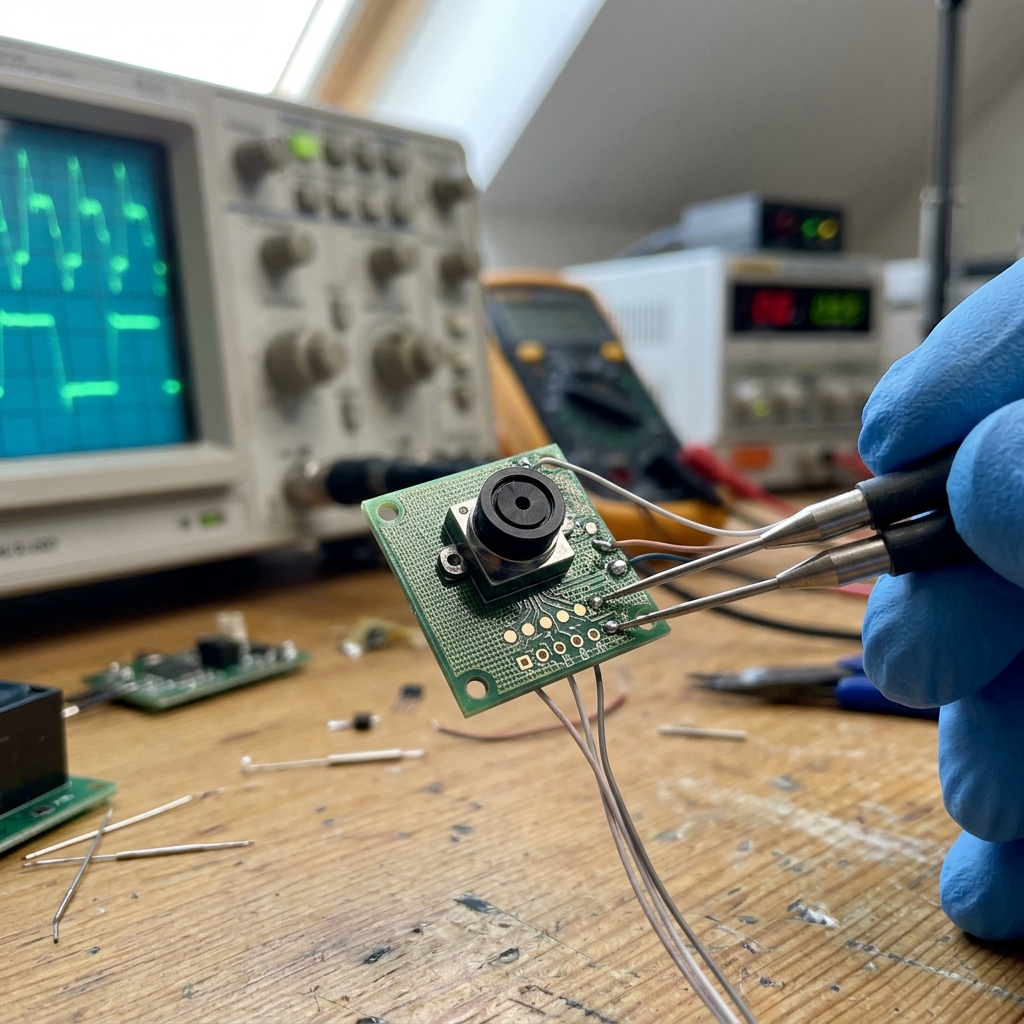 Macro testing workbench of miniature pinhole camera PCB module with test probes