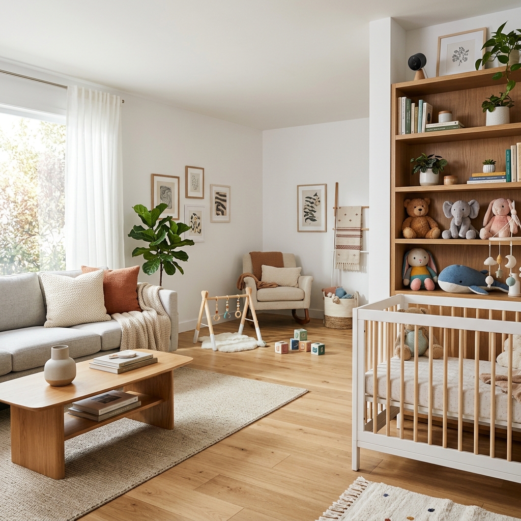 Discreet nanny camera in bright living room nursery area for home safety monitoring