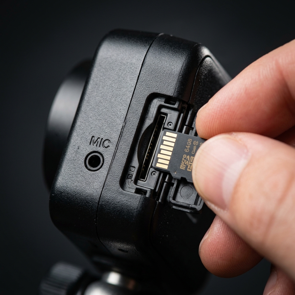 Close up of compact nanny camera microphone pinhole port and MicroSD card slot