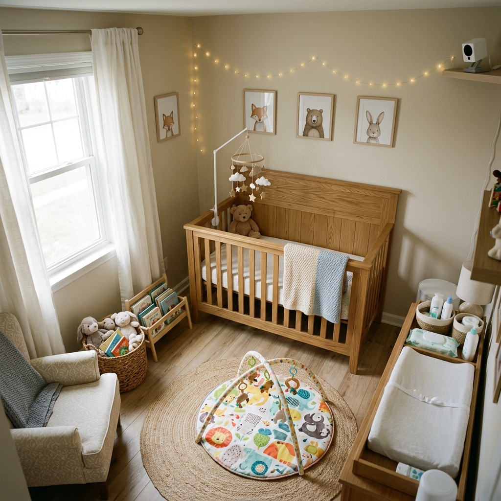High angle room view from a nanny camera positioned on a high nursery shelf
