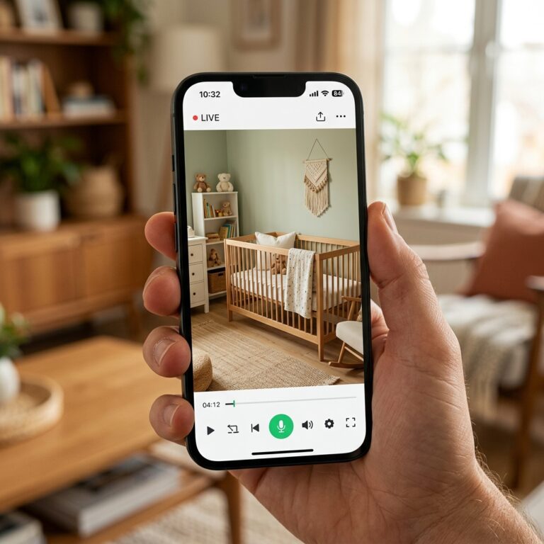 Nanny camera with audio live stream active on smartphone app in baby nursery