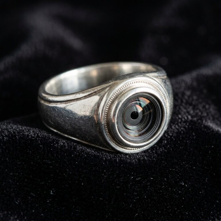 Ring spy camera with hidden lens embedded in silver ring on velvet
