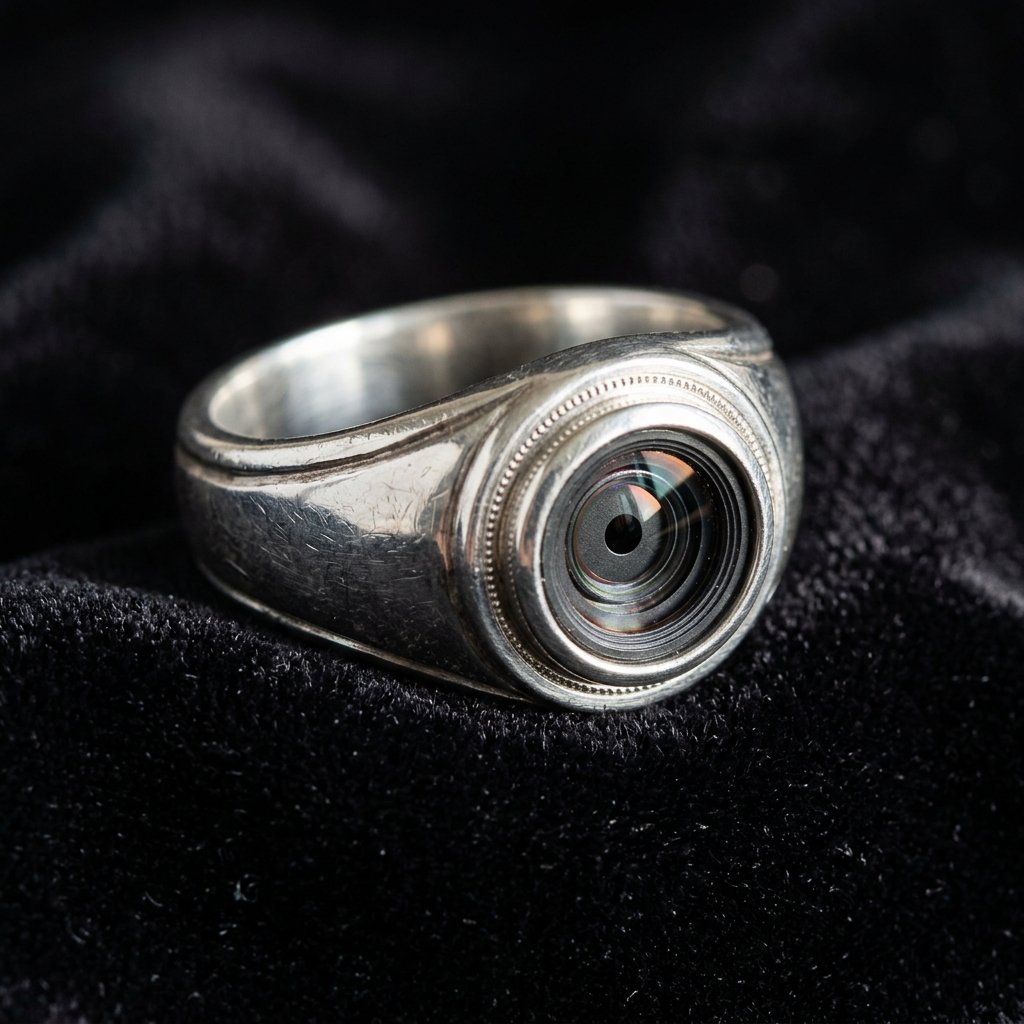 Ring spy camera with hidden lens embedded in silver ring on velvet